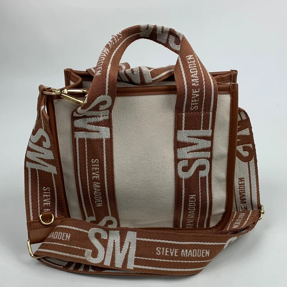 Steve Madden Tan Cream Canvas tote crossbody Bag Gold logo Lined pockets